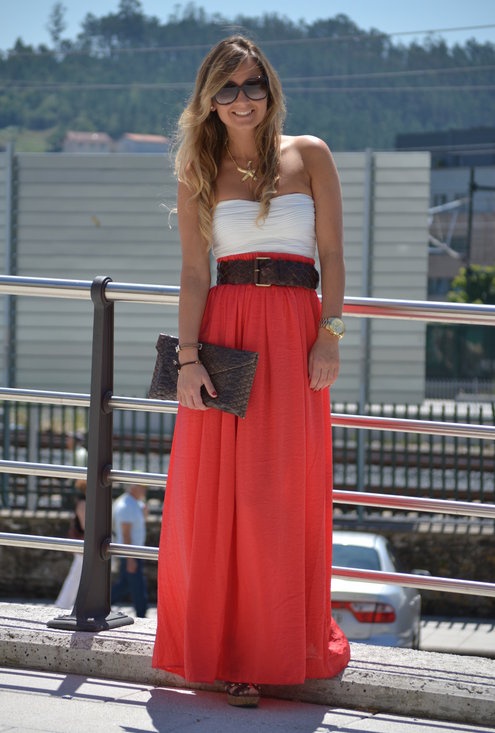 red maxi skirt with white bandeau top