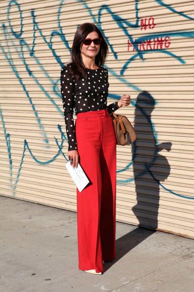 red pants with polka dot top