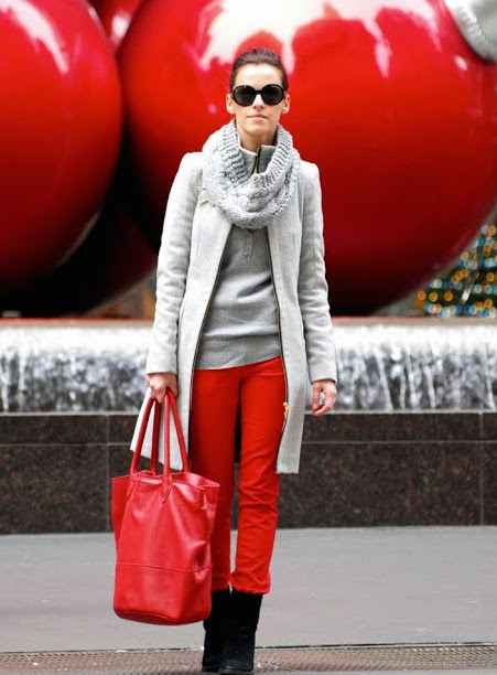 grey shirt red pants